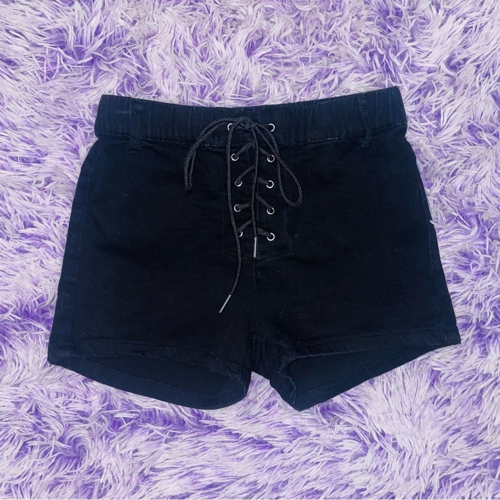 Black Lace Up Front High Waisted Shorts with Elastic Waistband - Women’s Size S